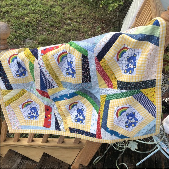 Baby Quilt Throw Teddy Bear Rainbow Floral Patchwork Gingham Plaid Vintage
